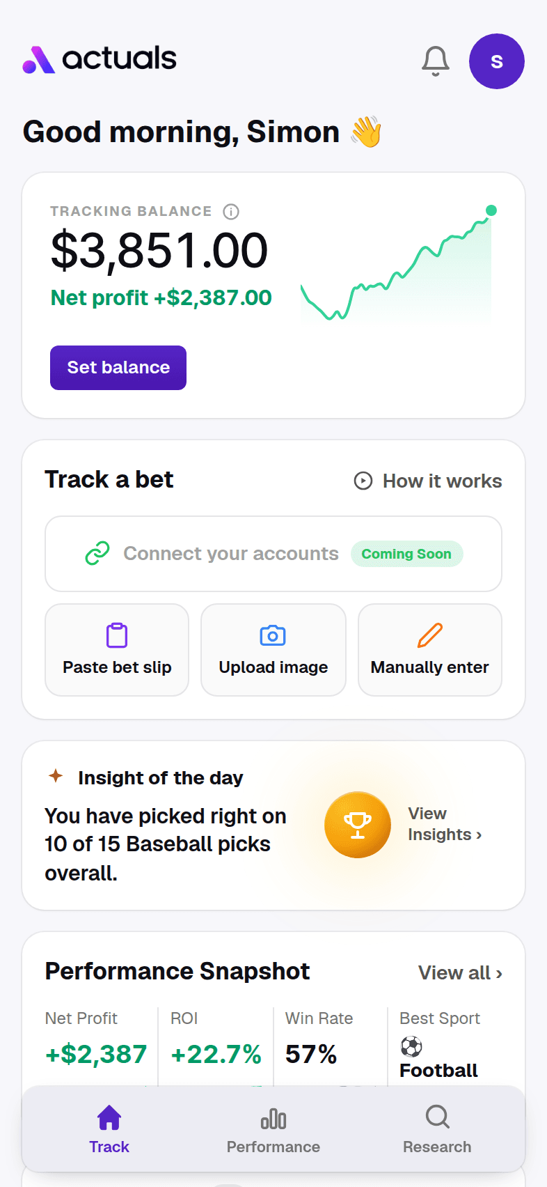 The Track page, showing a tracking balance and the ways to log a bet